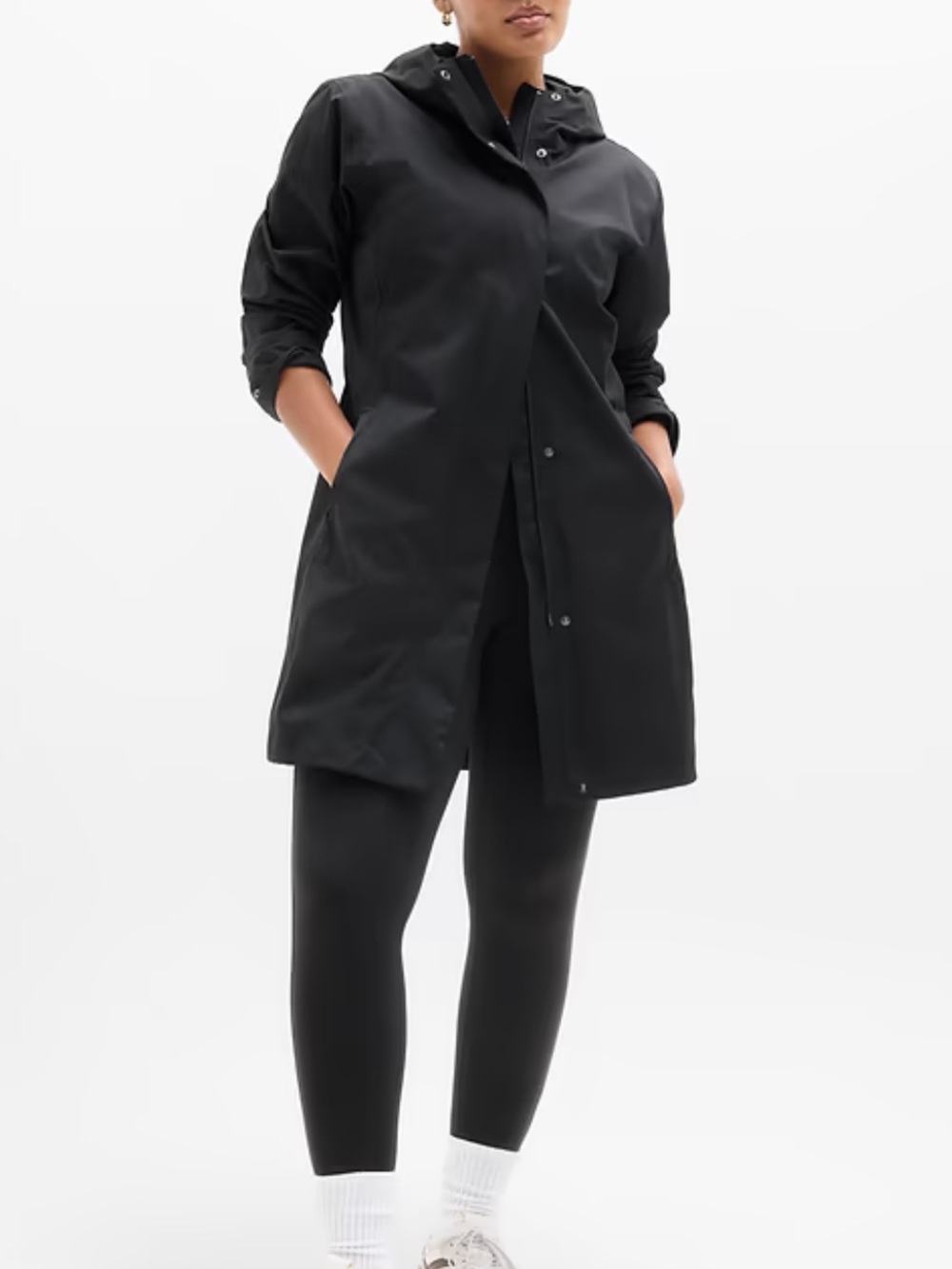 Athleta Rainout Ridge Long Trench Black Lightweight Waterproof large